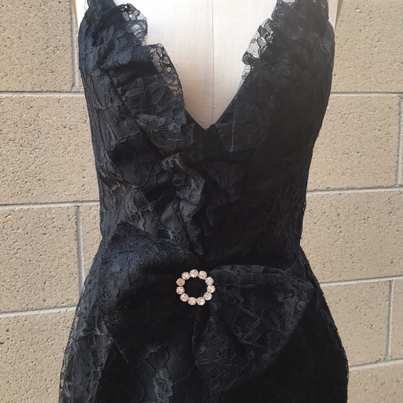 VINTAGE 80’s Women’s S Black Lace Plunging Evening Dress with Bow - Picture 5 of 15